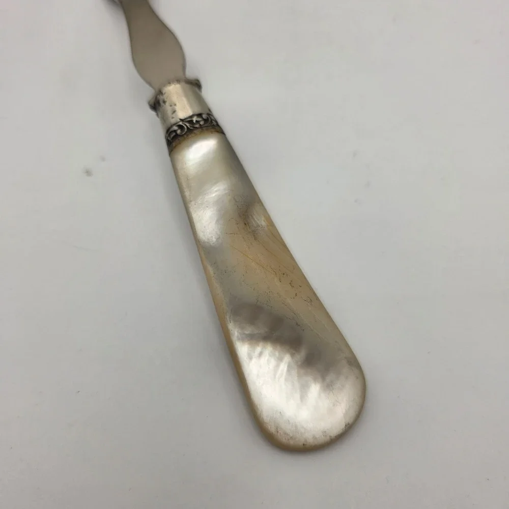 Antique Mother of Pearl Handle Meat Fork‎ Ornate Silver Ferrule Serving 2-Tine